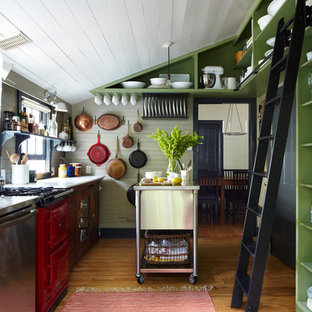 Design ideas for a country separate kitchen in Austin with open cabinets, green cabinets and coloured appliances.