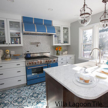 Country Living Magazine cottage kitchen with blue cement tile from Villa Lagoon