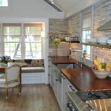 Cozy Kitchen/Gathering Room with Custom Wood Countertops & Floating Shelves