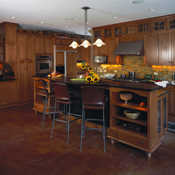 Craftsman Kitchen with Stained Cherry Recessed Panel Cabinets