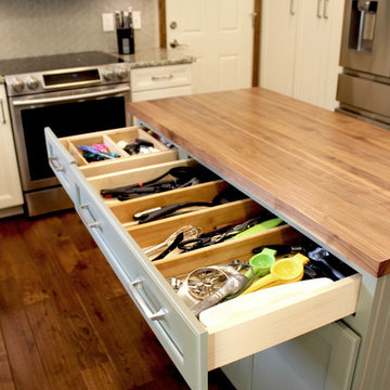 Cream Kitchen with Green Island with Butcher Block Countertop