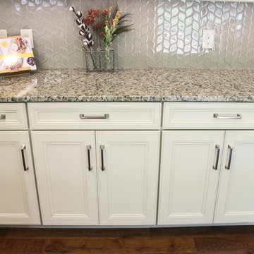 Cream  Kitchen with Green Island with Butcher Block Countertop