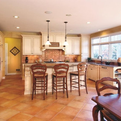 Kitchen - traditional kitchen idea in DC Metro with raised-panel cabinets, beige cabinets, beige backsplash and paneled appliances