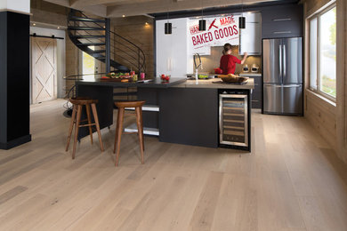 Inspiration for a contemporary light wood floor kitchen remodel in Montreal with stainless steel appliances and two islands