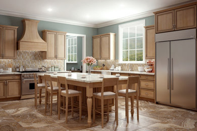Example of a large minimalist l-shaped porcelain tile and multicolored floor enclosed kitchen design in Other with an undermount sink, beaded inset cabinets, light wood cabinets, granite countertops, multicolored backsplash, ceramic backsplash, stainless steel appliances, an island and white countertops