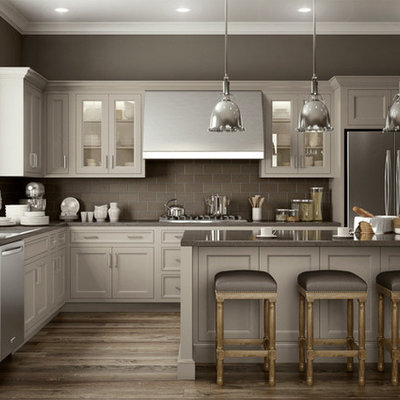 Mid-sized minimalist l-shaped medium tone wood floor and brown floor kitchen photo in Other with an undermount sink, recessed-panel cabinets, gray cabinets, quartz countertops, gray backsplash, porcelain backsplash, stainless steel appliances, an island and gray countertops