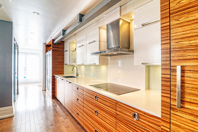 Eat-in kitchen - large transitional single-wall medium tone wood floor eat-in kitchen idea in Montreal with a single-bowl sink, flat-panel cabinets, dark wood cabinets, quartz countertops, green backsplash, mosaic tile backsplash, stainless steel appliances and no island