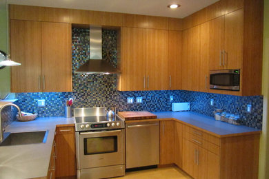Foto de cocinas en U contemporáneo con encimera de laminado, electrodomésticos de acero inoxidable y fregadero encastrado