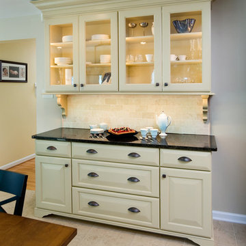 Custom built hutch provides storage and buffet area