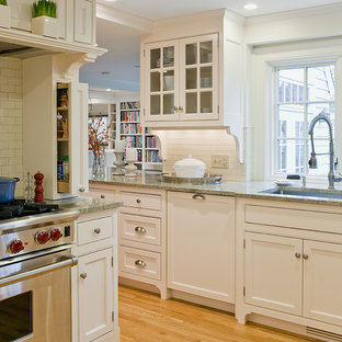 Idée de décoration pour une cuisine tradition avec un placard à porte affleurante, des portes de placard beiges et un plan de travail vert.