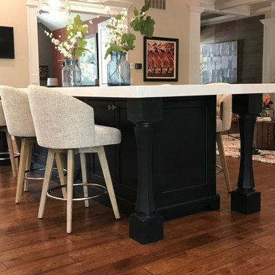 Inspiration for a huge timeless l-shaped medium tone wood floor, brown floor and coffered ceiling eat-in kitchen remodel in San Francisco with a double-bowl sink, beaded inset cabinets, white cabinets, quartz countertops, white backsplash, marble backsplash, white appliances, two islands and white countertops