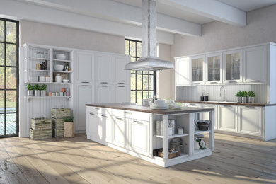 Example of a large farmhouse galley light wood floor open concept kitchen design in Hawaii with recessed-panel cabinets, white cabinets, wood countertops, white backsplash, wood backsplash and an island