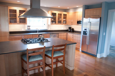 This is an example of a contemporary u-shaped kitchen/diner in Boston with a single-bowl sink, flat-panel cabinets, light wood cabinets, granite worktops, stainless steel appliances and an island.