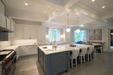 Example of a large trendy l-shaped dark wood floor and brown floor open concept kitchen design in Cleveland with a farmhouse sink, beaded inset cabinets, white cabinets, quartz countertops, gray backsplash, glass tile backsplash, stainless steel appliances, an island and white countertops