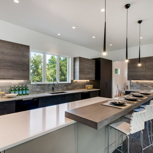 Photo of a large contemporary eat-in kitchen in Denver with an undermount sink, flat-panel cabinets, grey cabinets, quartz benchtops, metallic splashback, stainless steel appliances, porcelain floors, multiple islands and grey floor.