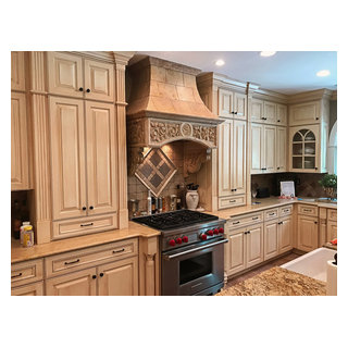 Custom Installation of Travertine Wall Hood & Wolf Range - Traditional ...