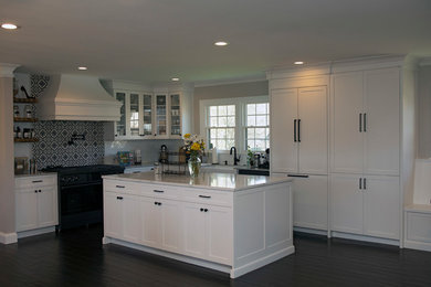 Inspiration for a large transitional l-shaped eat-in kitchen remodel in DC Metro with shaker cabinets, white cabinets and an island