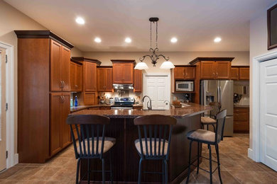 Eat-in kitchen - huge contemporary l-shaped brown floor and ceramic tile eat-in kitchen idea in Other with stainless steel appliances, an island, a double-bowl sink, raised-panel cabinets, medium tone wood cabinets, laminate countertops, beige backsplash and ceramic backsplash