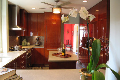 シャーロットにある高級な中くらいなコンテンポラリースタイルのおしゃれなキッチン (アンダーカウンターシンク、フラットパネル扉のキャビネット、茶色いキャビネット、クオーツストーンカウンター、メタリックのキッチンパネル、メタルタイルのキッチンパネル、パネルと同色の調理設備、スレートの床、緑の床、緑のキッチンカウンター) の写真