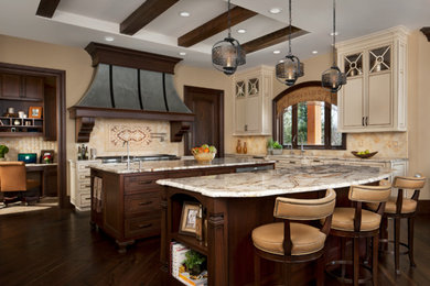 Eat-in kitchen - large mediterranean l-shaped dark wood floor, brown floor and coffered ceiling eat-in kitchen idea in Detroit with granite countertops, two islands, an undermount sink, beaded inset cabinets, white cabinets, beige backsplash, stainless steel appliances and beige countertops