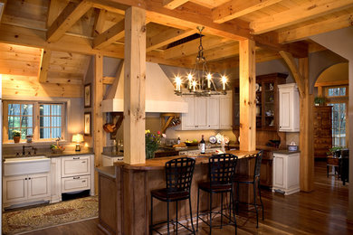 Large mountain style u-shaped dark wood floor eat-in kitchen photo in Charlotte with a farmhouse sink, recessed-panel cabinets, white cabinets, quartz countertops, paneled appliances and an island