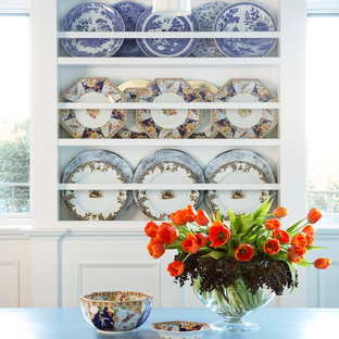 Expansive traditional l-shaped eat-in kitchen in San Francisco with a double-bowl sink, open cabinets, medium wood cabinets, marble benchtops, blue splashback, stone slab splashback, coloured appliances and marble floors.