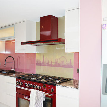 Custom Printed Cityscape Design With Pink Glass Splashback