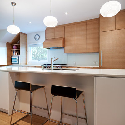 Minimalist galley light wood floor eat-in kitchen photo in Toronto with an undermount sink, flat-panel cabinets, light wood cabinets, white backsplash, glass sheet backsplash, stainless steel appliances and an island