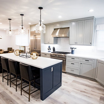 Custom Transitional Gray and Navy Blue Kitchen Cabinetry and Kitchen Island