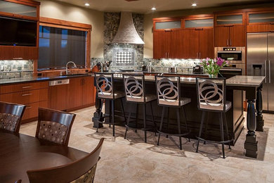 Eat-in kitchen - large contemporary l-shaped porcelain tile eat-in kitchen idea in Other with an undermount sink, flat-panel cabinets, medium tone wood cabinets, granite countertops, green backsplash, stone tile backsplash, stainless steel appliances and an island
