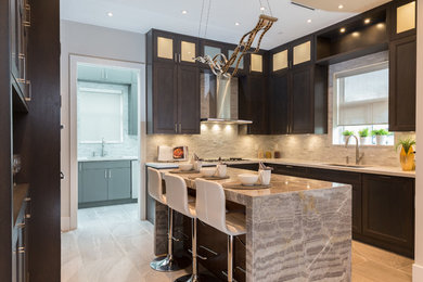 Mid-sized trendy l-shaped porcelain tile open concept kitchen photo in Vancouver with an undermount sink, recessed-panel cabinets, dark wood cabinets, quartz countertops, multicolored backsplash, marble backsplash, stainless steel appliances and an island