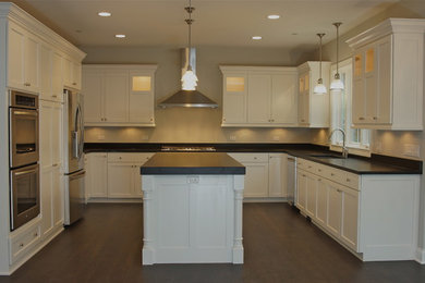 Example of a transitional l-shaped dark wood floor kitchen design in Chicago with shaker cabinets, white cabinets, solid surface countertops, stainless steel appliances and an island