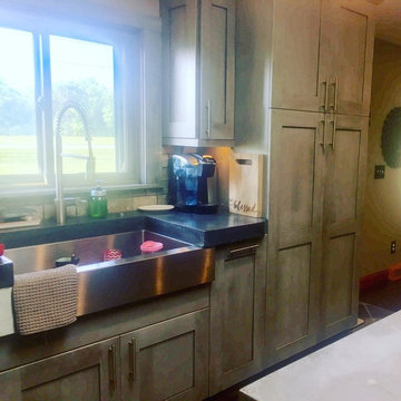 Customer created Whiskey Barrel Hood to compliment our 2tone Kitchen Design