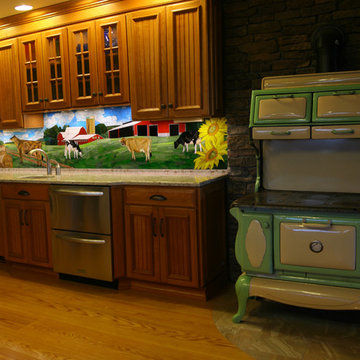 Dairy farm kitchen backsplash and stained glass cabinets