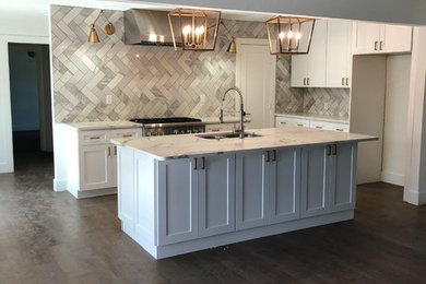 Eat-in kitchen - mid-sized modern u-shaped dark wood floor and brown floor eat-in kitchen idea in Other with an undermount sink, recessed-panel cabinets, white cabinets, quartzite countertops, white backsplash, marble backsplash, stainless steel appliances, an island and white countertops
