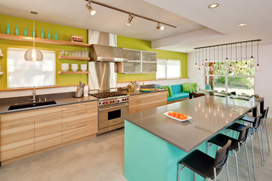 Trendy eat-in kitchen photo in Austin with stainless steel appliances, open cabinets, a single-bowl sink, medium tone wood cabinets and quartz countertops