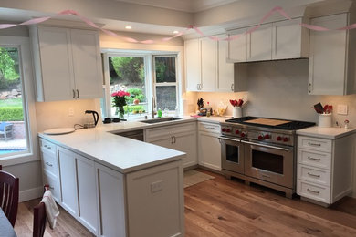 Mid-sized trendy l-shaped medium tone wood floor and brown floor eat-in kitchen photo in San Francisco with an undermount sink, shaker cabinets, white cabinets, solid surface countertops, paneled appliances, a peninsula and white countertops