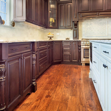 Dark Brown Kitchen with White Island