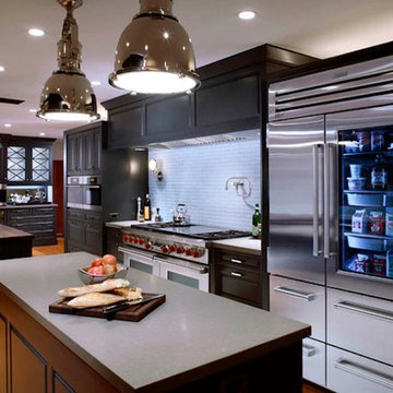 Dark Cabinet Kitchen with Stainless Refrigerator with Glass Door