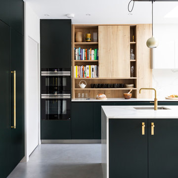 Dark Green Doors and Oak Shelving