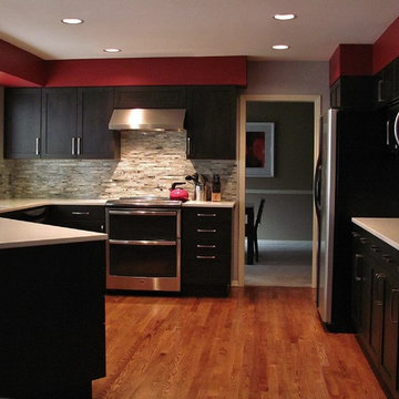 Dark, White and Red-Transitional kitchen and fireplace