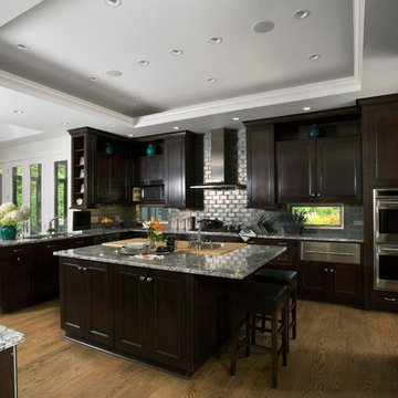 Dark wood kitchen cabinets, tray ceiling, and center island