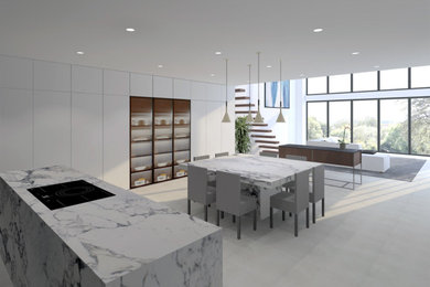 Design ideas for an expansive contemporary l-shaped open plan kitchen in Other with an integrated sink, flat-panel cabinets, grey cabinets, granite worktops, grey splashback, stone slab splashback, stainless steel appliances, terracotta flooring, an island, white floors and grey worktops.