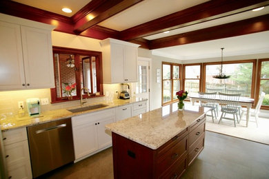 Example of a mid-sized transitional u-shaped vinyl floor and gray floor eat-in kitchen design in Other with an undermount sink, beaded inset cabinets, white cabinets, granite countertops, gray backsplash, subway tile backsplash, stainless steel appliances, an island and multicolored countertops