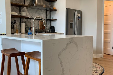 Example of a small trendy l-shaped light wood floor and beige floor eat-in kitchen design in DC Metro with a single-bowl sink, flat-panel cabinets, white cabinets, quartz countertops, gray backsplash, marble backsplash, stainless steel appliances, an island and white countertops