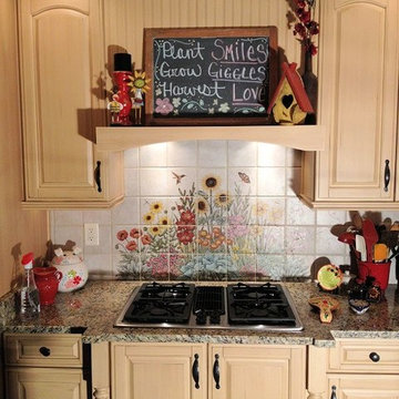 "Debbie & Rocco's Flower Garden" cooktop kitchen backsplash and vignettes