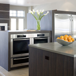 Example of a minimalist open concept kitchen design in Denver with stainless steel appliances, flat-panel cabinets and dark wood cabinets