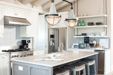 Eat-in kitchen - large coastal light wood floor eat-in kitchen idea in Other with an island and an undermount sink