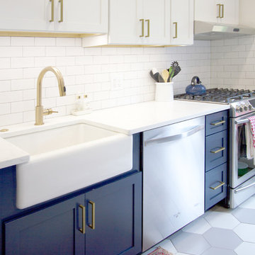 Denim Blue and White Recessed Cabinetry