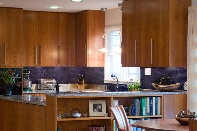 Ejemplo de cocina contemporánea con armarios con paneles lisos, encimera de granito, salpicadero azul, salpicadero de azulejos de vidrio, electrodomésticos de acero inoxidable y puertas de armario de madera oscura